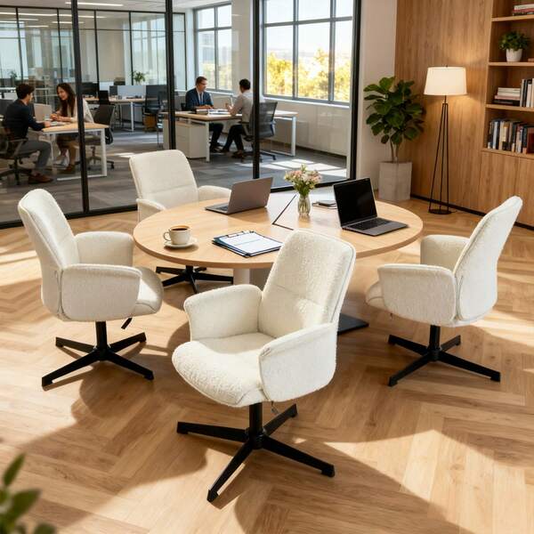 Meubles Cosy Set aus 4 modernen, weißen Bürostühlen aus Kunstleder mit gebogenem Holzgestell, höhenverstellbar, 360° drehbar, gepolsterten Armlehnen, skandinavischem Stil, für Zuhause oder Büro, 62,5 x 59,5 x 81–93 cm