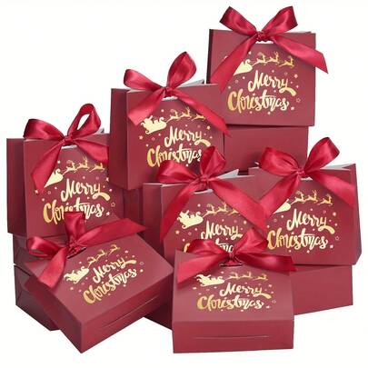20pcs Set Elegant Deep Red & Gold Christmas Gift Boxes With Ribbons & "Merry Christmas" Slogan - Sturdy Paper Holiday Packaging, Suitable For Stocking Stuffers, Party Favors, Candies, Chocolates, Small Gifts - Reusable Decorations, Ideal For Corporate Or Personal Gifting