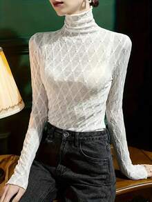 High Neck Lace Camisole Women, Slim Fit Long Sleeve Undershirt, Fashionable Black T-Shirt For Women, Spring & Autumn - White - View 4