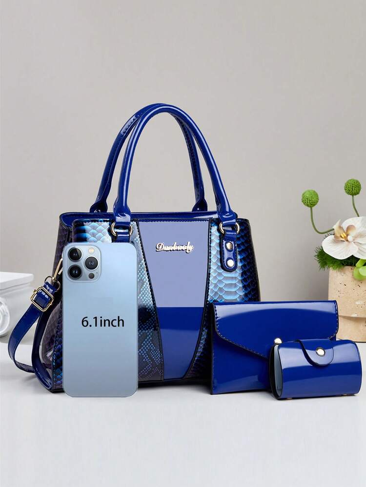 3pcs Women's PU Leather Handbag Set, Elegant Fashion Tote Bag With Coin Purse And Card Holder, Multifunctional Large Capacity Shoulder Bag, Stylish And Unique Design, Available In Multiple Colors - Royal Blue - View 4