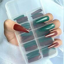 100pcs Extra Long Ballerina Fake Nail Glossy Mixed Color Press On Nails Full Cover Acrylic Coffin False Nails Christmas Decor For Women Fgirl DIY Manicure Extensions(Dark Green & Wine Red){Inchcolor_nameinch:InchMixedColorCinch} - 混合色C - 查看 3