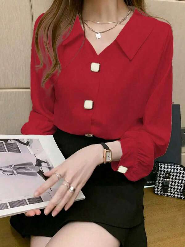 Fashionable Long Sleeve Satin Shirt With Design Details, Chic Hong Kong Style Spring Red