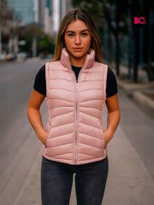 Big City Chaleco Dama Moda Capitonado Forro Pelcuhe Casual Moderno Gorro Desmontable - Rosa - Ver 3