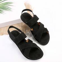 女士純色平底涼鞋，休閒彈性帶夏季鞋，無帶海灘鞋