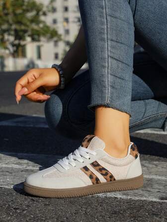 撞色豹纹系带休闲百搭舒适运动鞋