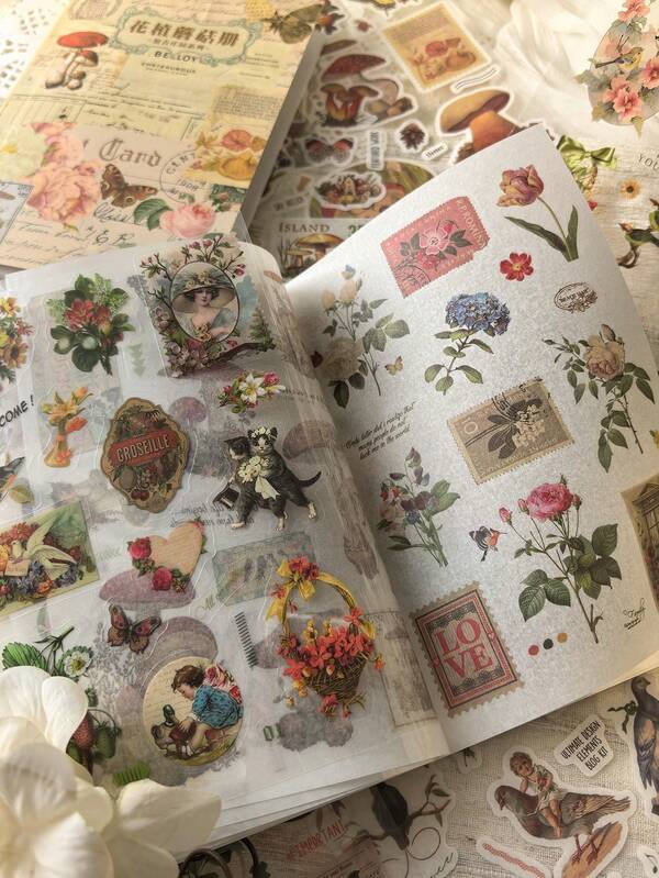 20sheets Vintage Sticker Book Plant, Mushroom & Farm House Series Made Of Pvc And Washi Material For Ins Style Retro Hand Account Diy Decorative Decals Papercraft Collage Scrapbooking Sticker Book School Supplies,Back To School
