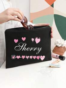 Bolsa de maquillaje lavable con patrón de corazón e impresión de nombre personalizada, bolsa de aseo portátil con diseño de corazón lindo, bolsa de maquillaje conveniente para mujeres, organizador de viaje con cremallera para cosméticos - Multicolor - Ver 5