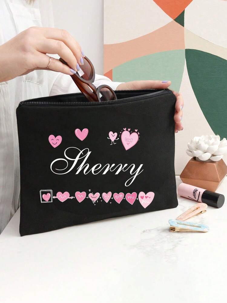 Bolsa de maquillaje lavable con patrón de corazón e impresión de nombre personalizada, bolsa de aseo portátil con diseño de corazón lindo, bolsa de maquillaje conveniente para mujeres, organizador de viaje con cremallera para cosméticos - Multicolor - Añade 5