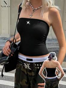 Niche Design Metal Star Decor Crop Top, Black Fitted Slim Sexy Camisole