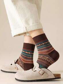 5 Pairs Vintage Crew Socks, American Fashion Patterned Socks, Random Assortment, Autumn/Winter