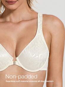 Deyllo 前扣式深V钢圈文胸 - 时尚性感提花面料,宽肩带,露背设计,轻盈舒适,适合日常穿着的丰满身材塑形内衣 - 白色 - 查看 4