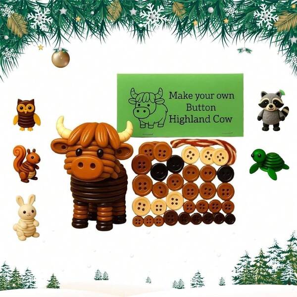 DIY Highland Kuh Bastelset, tierisches Weihnachts-Button-Weihnachtsbaum-Dekorations-Set, beinhaltet Schildkröte, Eule, Hase, Weihnachtsbaum-Hängedekoration, DIY Dekorations-Set (Highland Kuh) (Material enthalten, muss zu Endprodukt zusammengebaut werden)