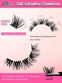60片C型卷翘自粘单根假睫毛套装，8-16毫米，精致轻盈，DIY睫毛嫁接套装，含镊子和睫毛夹，无需胶水，分段式假睫毛，尖头假睫毛 - 黑色 - 查看 5