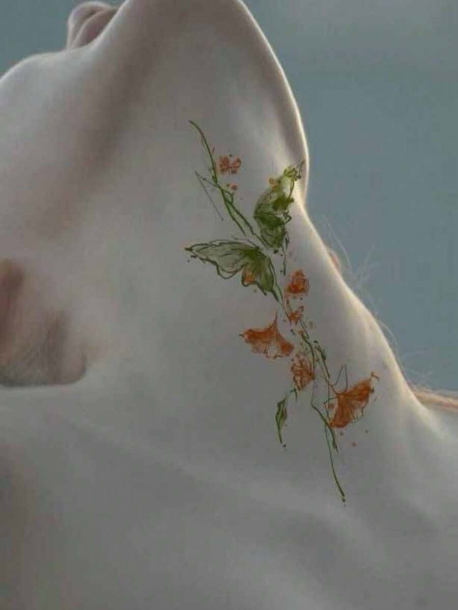 4张复古绿色蝴蝶临时纹身贴纸，彩色蝴蝶纹身贴，防水持久