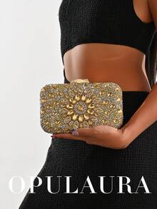 Bolso de mano de lujo para mujer OpulAura, con caja mini brillante con diamantes de imitación en color dorado, bolso de noche con brillo para ocasiones formales, bolso de fiesta/boda/gala de moda con cadena