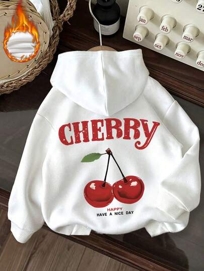 Autumn And Winter Women's CHERRY Cherry Letter Pattern Long Sleeved Hooded Sweatshirt, A Casual And Loose Multifunctional Holiday Style Top, Suitable For Daily Wear In Fashionable Autumn Women's Clothing