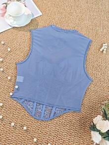 EZNV 1 pieza Corset con parte superior de encaje y espina de pescado, cinturilla de corsé - Neblina azul - Ver 12