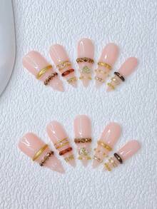 10pcs Y2K Nails Stiletto Press On Nails Set - Handcrafted, Pink Nails, Handmade 3D Gold Ring & Leopard Print Ring And Rhinestone Ring Design, Sparkling Gold Rhinestone & Gold Love Pattern Accents - Nhiều màu - Xem 2