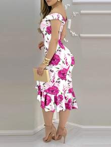 ChicMe 女士印花露肩修身中长连衣裙，荷叶边下摆开衩设计，优雅派对鸡尾酒会约会装扮 - 粉色 - 查看 3