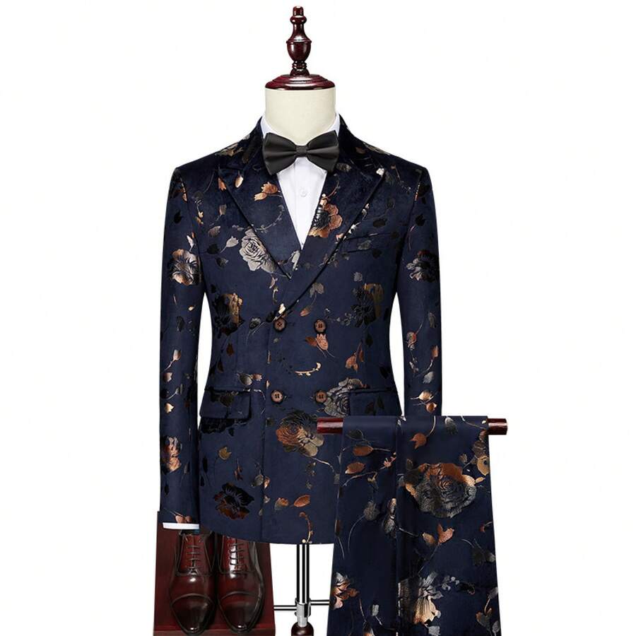 Elegant Men's Suit - Hot New Arrival Four-Season Men's Korean-Style Slim-Fit Printed Formal Wear Business Casual Suit - Korean-Style Two-Piece Set - 藏青色上衣+褲子 - 查看 1