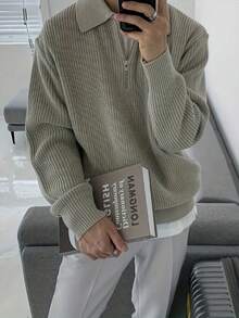 Men's Casual Zip-Up Knitted Sweater With Collar, Versatile For Autumn/Winter