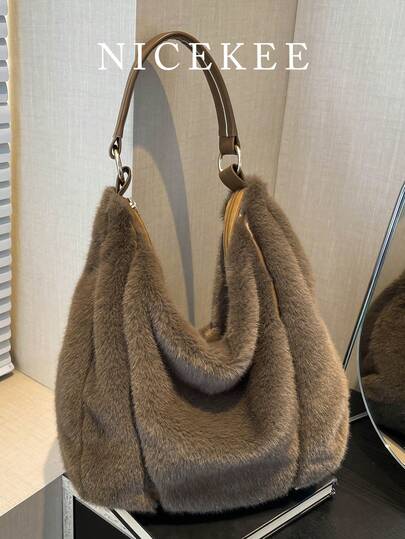 Retro Multi-Functional Large Capacity Women's Shoulder Bag, Popular Solid Color Texture Elegant Temperament Crossbody Bag, Daily Leisure Simple Plush Armpit, Suitable For Work Commuting Shopping Dating Etc.