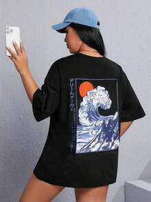 Camiseta holgada de talla grande con estampado de ola y letra japonesa - Negro - Ver 6