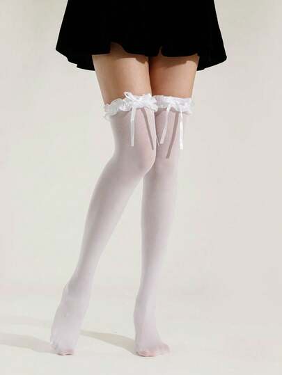 1 Pair Women's Lace Trim Thigh High Socks, Long Tube Stockings, Anime Maid Cosplay Socks For Women, Y2k White Bow Lace Trim Cute Thigh High Socks, Lolita Style Over-The-Knee Lace Socks, Versatile For Daily Wear, All Seasons