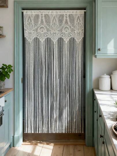 1pc White Lace Curtain With Long Tassels, Floral Embroidery Pattern, Princess Style, Sheer Short Cafe Curtain, Suitable For Kitchen, Bathroom, Bedroom Doorway, Rod Pocket Top