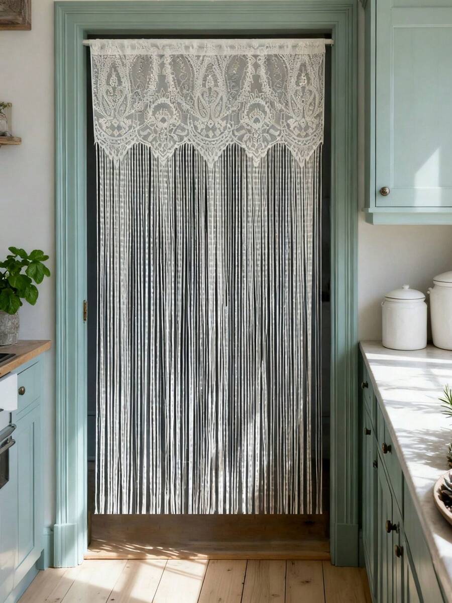 1pc White Lace Curtain With Long Tassels, Floral Embroidery Pattern, Princess Style, Sheer Short Cafe Curtain, Suitable For Kitchen, Bathroom, Bedroom Doorway, Rod Pocket Top - White - View 1