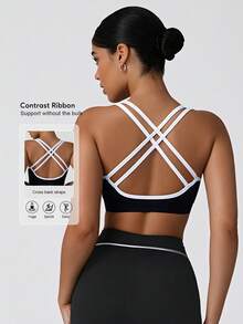 Sodalemon Women Elastic Cross Back Gym Bra Fitness Casual Outdoor Contrast Color Training Athletic Wear Running Yoga Top Seamless Round Neck Sport Bra - Black - View 2