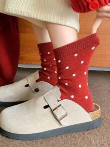 Set de șosete tricotate duble roșii 8/4/1 - model cu buline/dungi/copaci, șosete de damă, șosete confortabile cu guler rotund, cadou de sărbători - roșu - Vizualizare 6