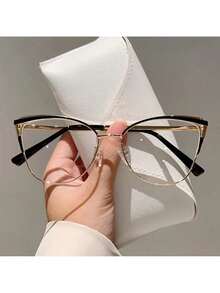 1 Pair Of Women's New Cat Eye Shaped Flat Glasses Fashionable Light Luxury Metal Frame  Retro Pink Glasses - 紅金色 - 查看 10