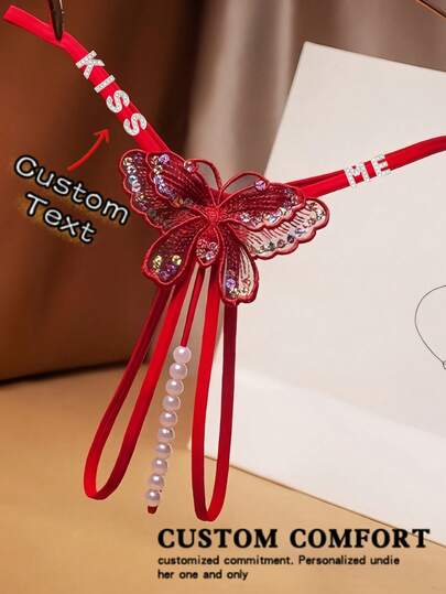 1pc Women's Custom Text & Butterfly Sequin & Pearl Tassel Design, Red Elastic Fabric, Comfortable & Seductive, Personalized & Alluring Sexy Lingerie Thong For Intimate Occasions & Valentine's Day