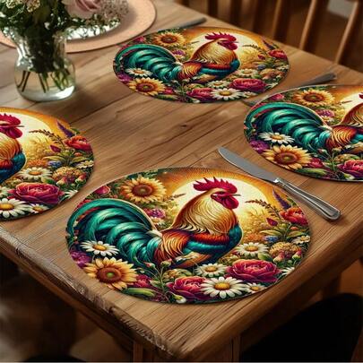 4-Piece Pride Rooster Flower Round Placemat For Kitchen, Restaurant, Party And Holiday Decor, Holiday Placemat, Kitchen Decor, Floral Design, Stylish Table Arrangement, High Quality Materials, Kitchen Lovers