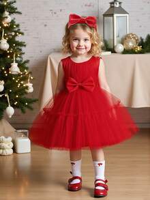 Baby Girls Sleeveless Solid Color Tulle Waist Bow Fluffy, Elegant Dress Suitable For Birthday Party, Hair Band Included - Red - View 1