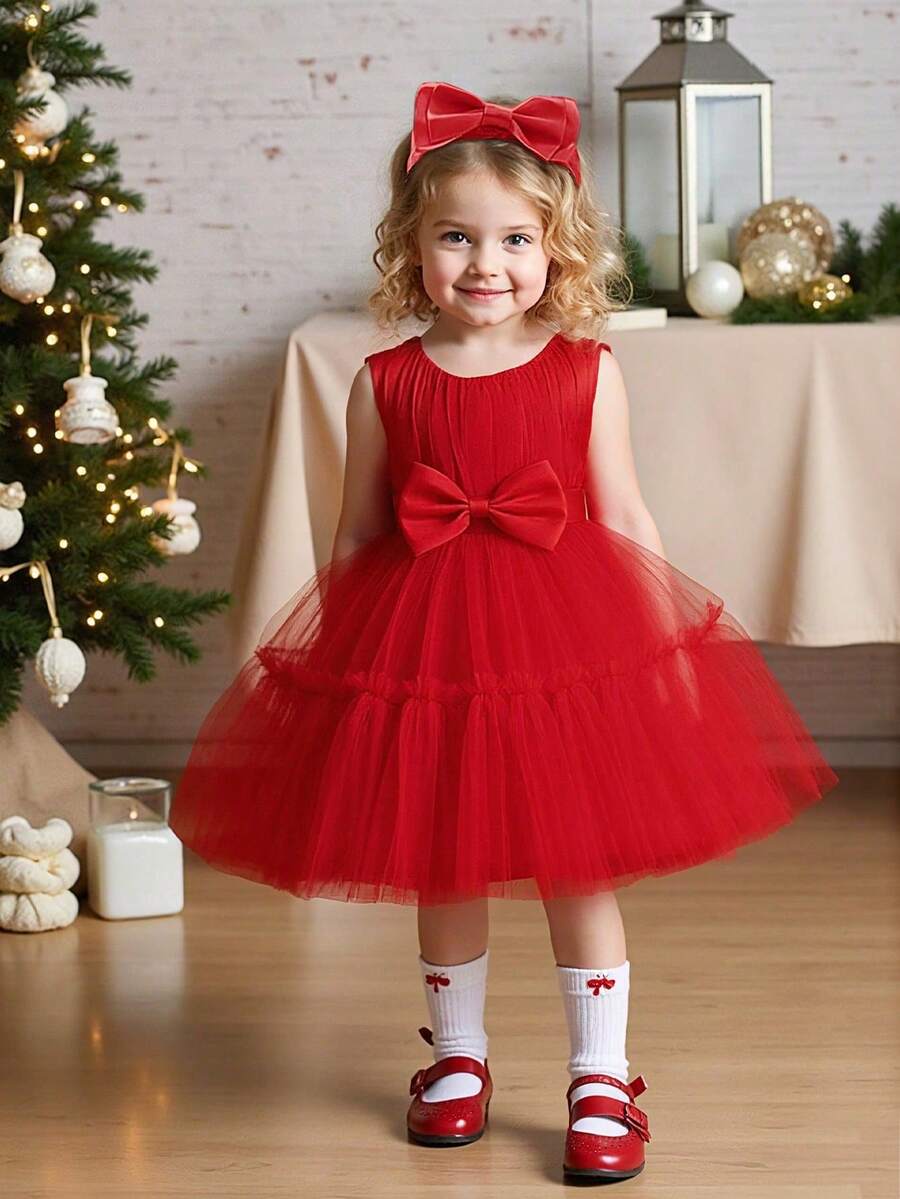 Baby Girls Sleeveless Solid Color Tulle Waist Bow Fluffy, Elegant Dress Suitable For Birthday Party, Hair Band Included - Red - View 1