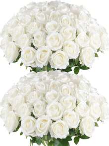 50 Pcs Artificial Roses In Bulk, Fake Silk Roses Realistic White Roses For Wedding Centerpieces Flower Arrangement Home Decor - White - View 1