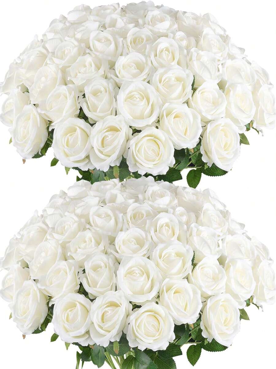 50 Pcs Artificial Roses In Bulk, Fake Silk Roses Realistic White Roses For Wedding Centerpieces Flower Arrangement Home Decor - White - View 1