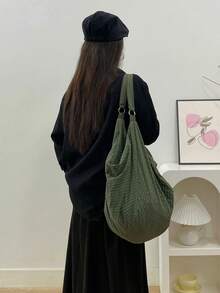 Túi đeo vai họa tiết kẻ caro hai màu dung tích lớn, vải nylon mềm mại và bền, túi đeo chéo nữ, túi tote đa năng thường ngày, thích hợp cho đi làm, học tập, du lịch, đi làm, phù hợp cho cả nam và nữ - Màu xanh lá cây đậm - Xem 4