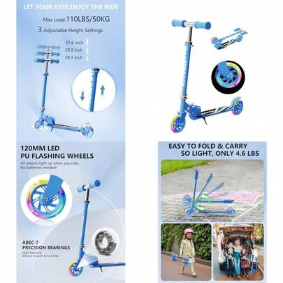 Scooter For Ages 3+ 2 Wheels Kick Scooter With Led Light Up And 3 Levels Adjustable Lightweight Foldable For BoysandGirls
