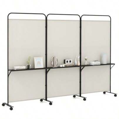 3-Panel Folding Room Divider 188cm Rolling Privacy Screen W/ 3 Metal Shelves Lockable Wheels Portable Wall Divider Separator Freestanding Privacy Protection For Living Room White