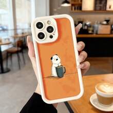 Cubierta de teléfono con borde negro y diseño naranja con dibujo de oso polar sosteniendo taza de café para uso diario en cafeterías Aplicable a los teléfonos de la serie Apple y Galaxy - Burdeos - Ver 4