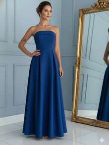 FS Concept Long Dress With Straight Neckline And Strapless Yoke, Elegant Premium Style, Bridesmaid Dress, Party Dress, Graduation Dress, Linen Blend. - 寶藍色 - 查看 2