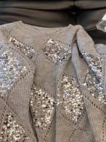 EAVA 女士复古高端慵懒风亮片镂空针织套头毛衣，老钱风格，休闲宽松版型，亮片