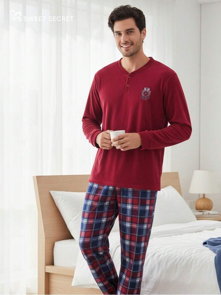 Men's 2-Piece Set, Figures, Button, Soft, Long Sleeve, Autumn And Winter Clothing - 紅色 - 查看 1
