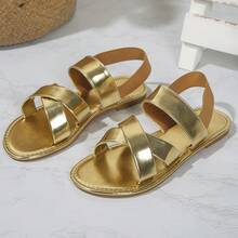 Women's Solid Color Flat Sandals, Casual Elastic Band Summer Shoes, Slip-On Beach Shoes
