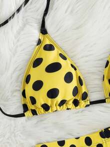 女式性感细肩带黄色圆点印花比基尼泳裤海滩度假风格泳衣套装 - 黃色 - 查看 7