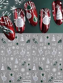 2 Sheets Christmas Nail Art Stickers With Rhinestone, Silver Glitter Snowflake Xmas Tree Pine Branch Bauble Winter Self-Adhesive Nail Decals, DIY Manicure Decorations - Multicolor - View 2