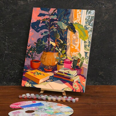 Polyester Canvas DIY Paint By Numbers Kit For Adults, Home Decor Oil Painting – Books And Plant Still Life, Acrylic Coloring Set, Beginner Friendly, Unframed 19.68x15.74 Inches, Ideal For Gifting